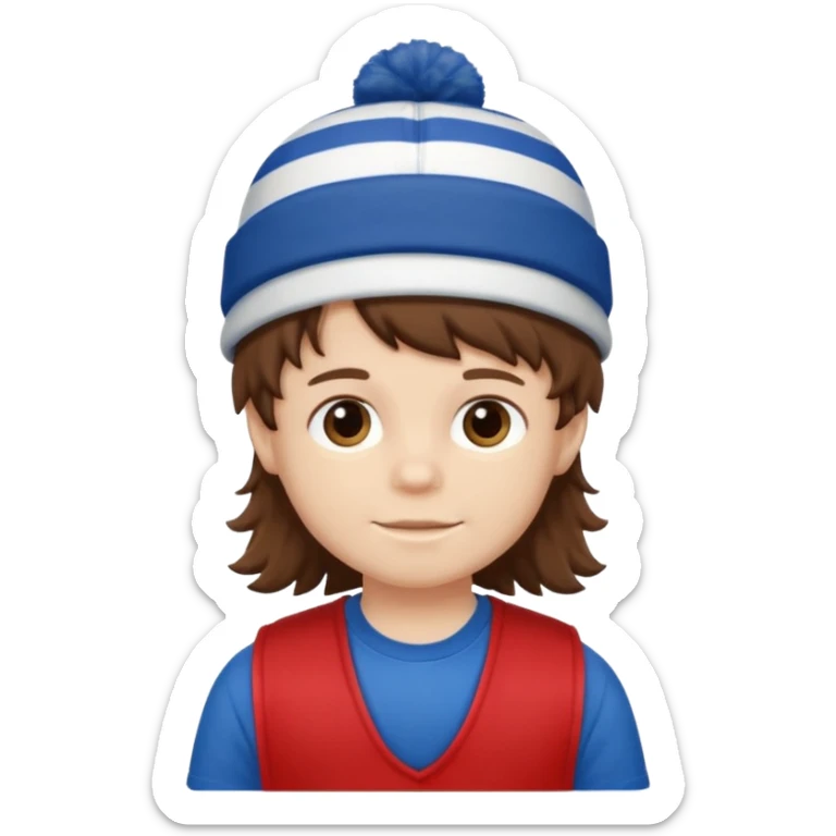 brown fluffy hair kid with blue and white hat dark blue jilet red t shirt sticker