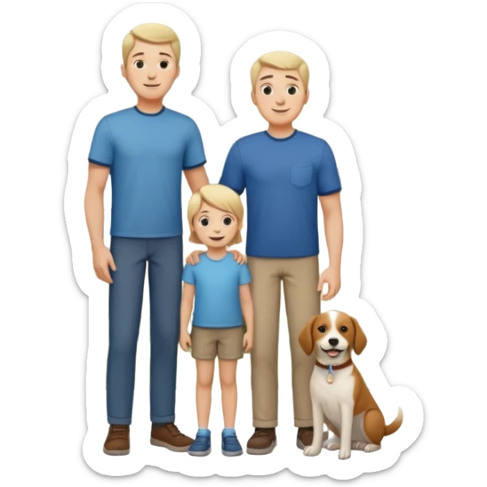1 Father 1 Mother and 1 young boy who is half as tall as the parents, standing in front of their house with a dog next to them sticker