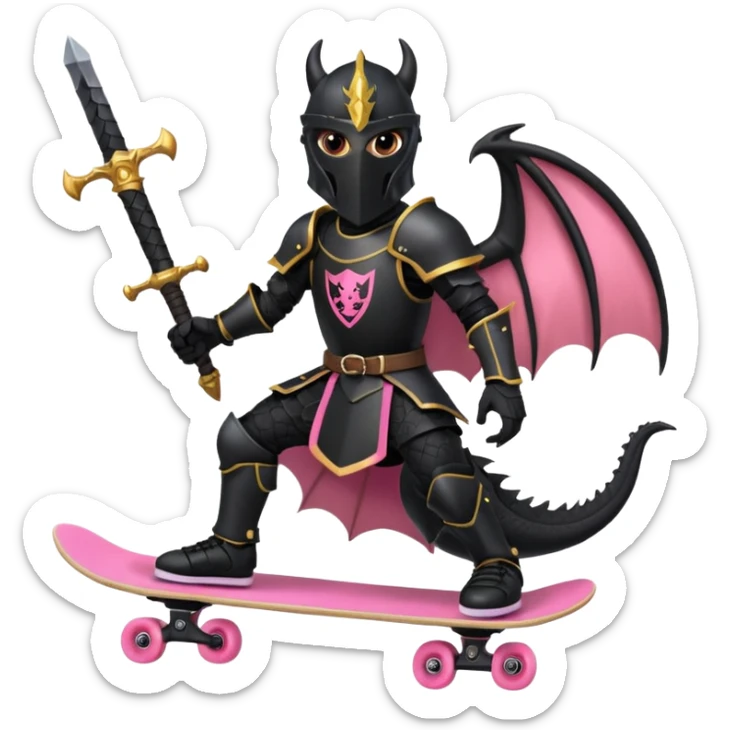 zwarte ridder met een zwarte zwaart en een zwarte schild met een zwarte draak op en hij skate met een roze skatebord sticker