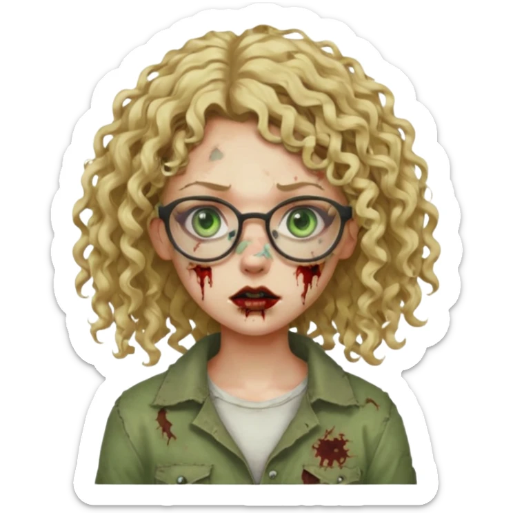 a curly girl blonde with green eyes and glasses zombie sticker