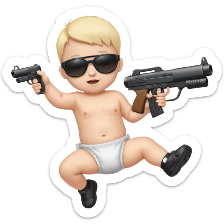 Baby in diaper with black sunglasses shooting machine guns in the air jumping left to right  sticker
