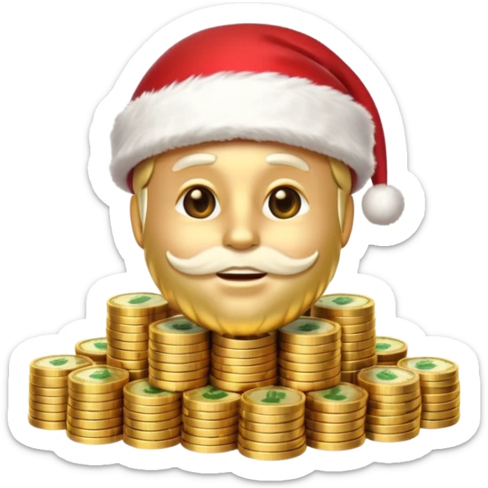 A confident rich emoji face wearing a Santa hat, money stacks, casino vibe, New Year theme, premium 3D emoji style, sharp details, no text, isolated on transparent background sticker