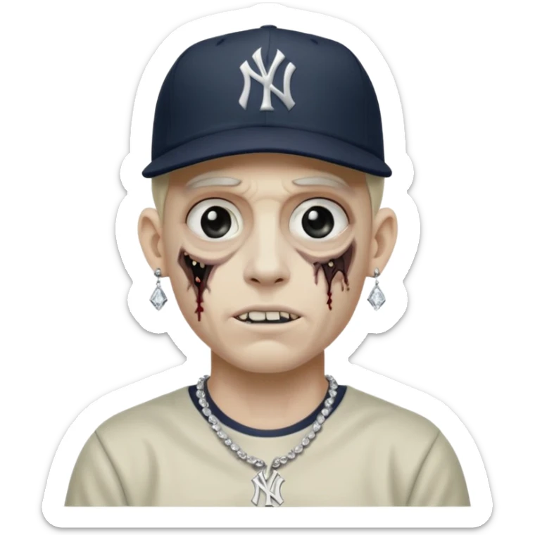 Zombie con aretes con una gorra new York yankee y una cadena de diamante hombre aretes pequeños y de negro y blanco  sticker