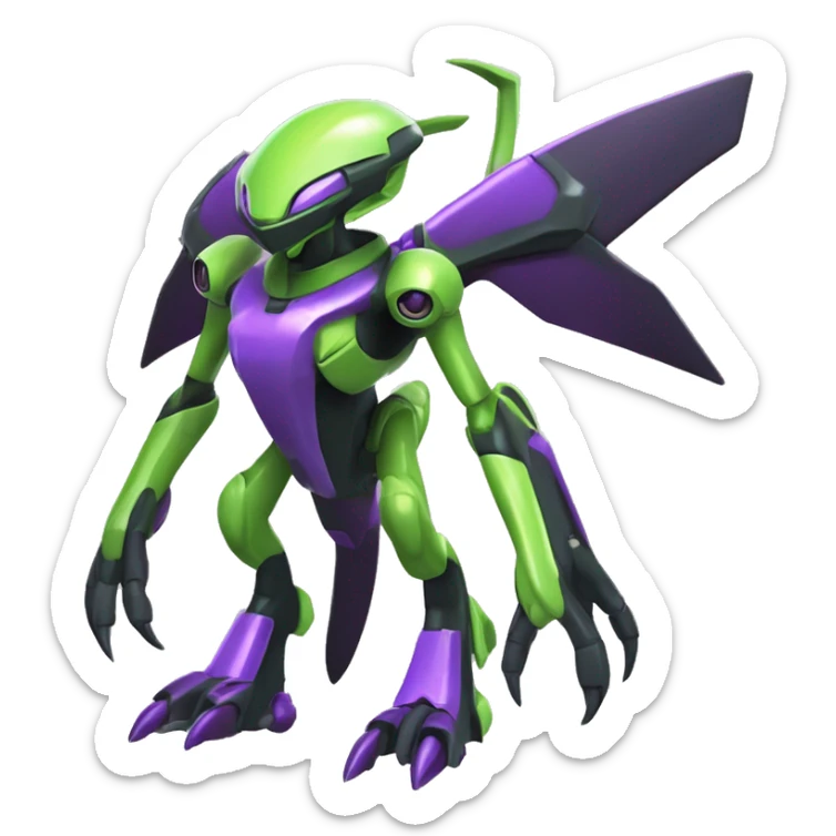 a shiny black-green-purple Genesect-Flygon-Raptor-Fakémon-Medabot-hybrid with a futuristic visor-helmet full body sticker
