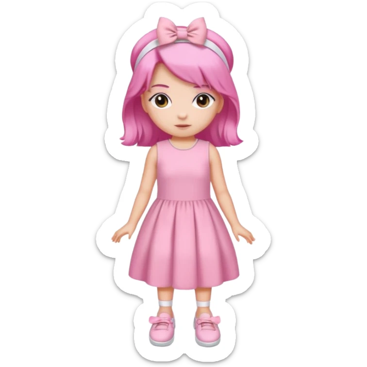 A girl wear a a pink pink dress and pink wacth and a pink hairband and a white shoes sticker