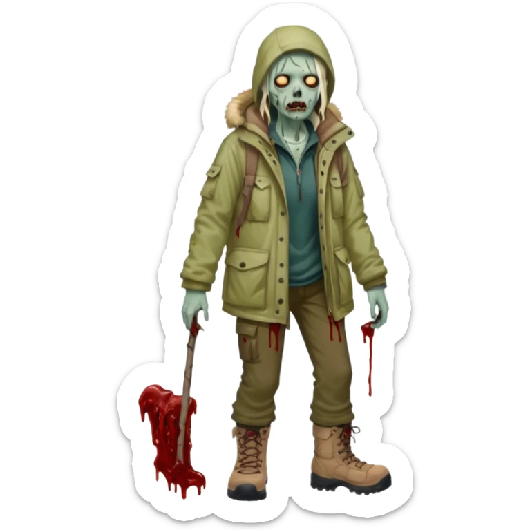 Local alaskan who has turned it zombies in the style of the walking dead, with rotting flesh and dripping blood but distinctively Alaskan. In the style of your bleeding skull art but Alaskan zombie. Full body sticker