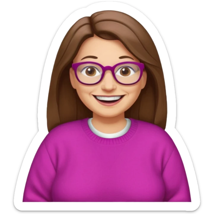 50 yr Caucasian woman, long brown hair parted on side, brown eyes, glasses, big smile, white teeth, fuscia sweater, chubby sticker