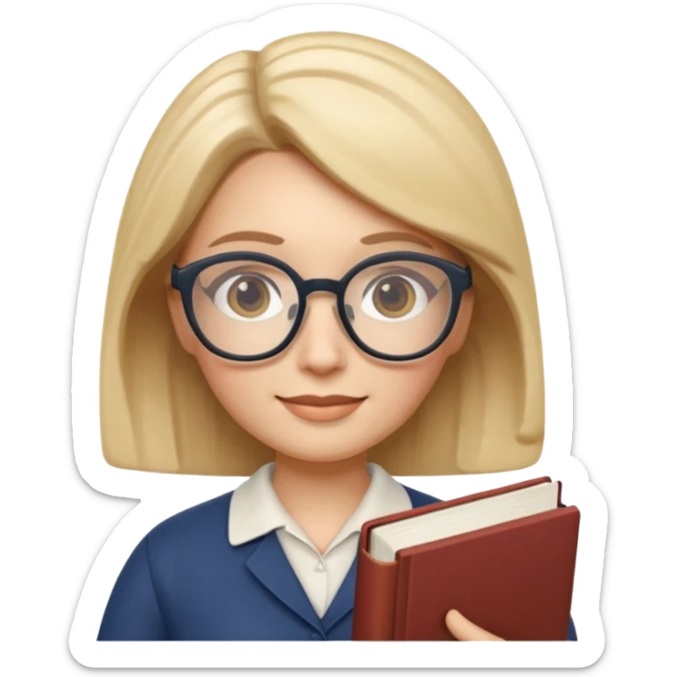 Apple Memoji-style 3D emoji of a librarian wearing glasses holding a book, clean gradients, rounded shapes, no background. sticker
