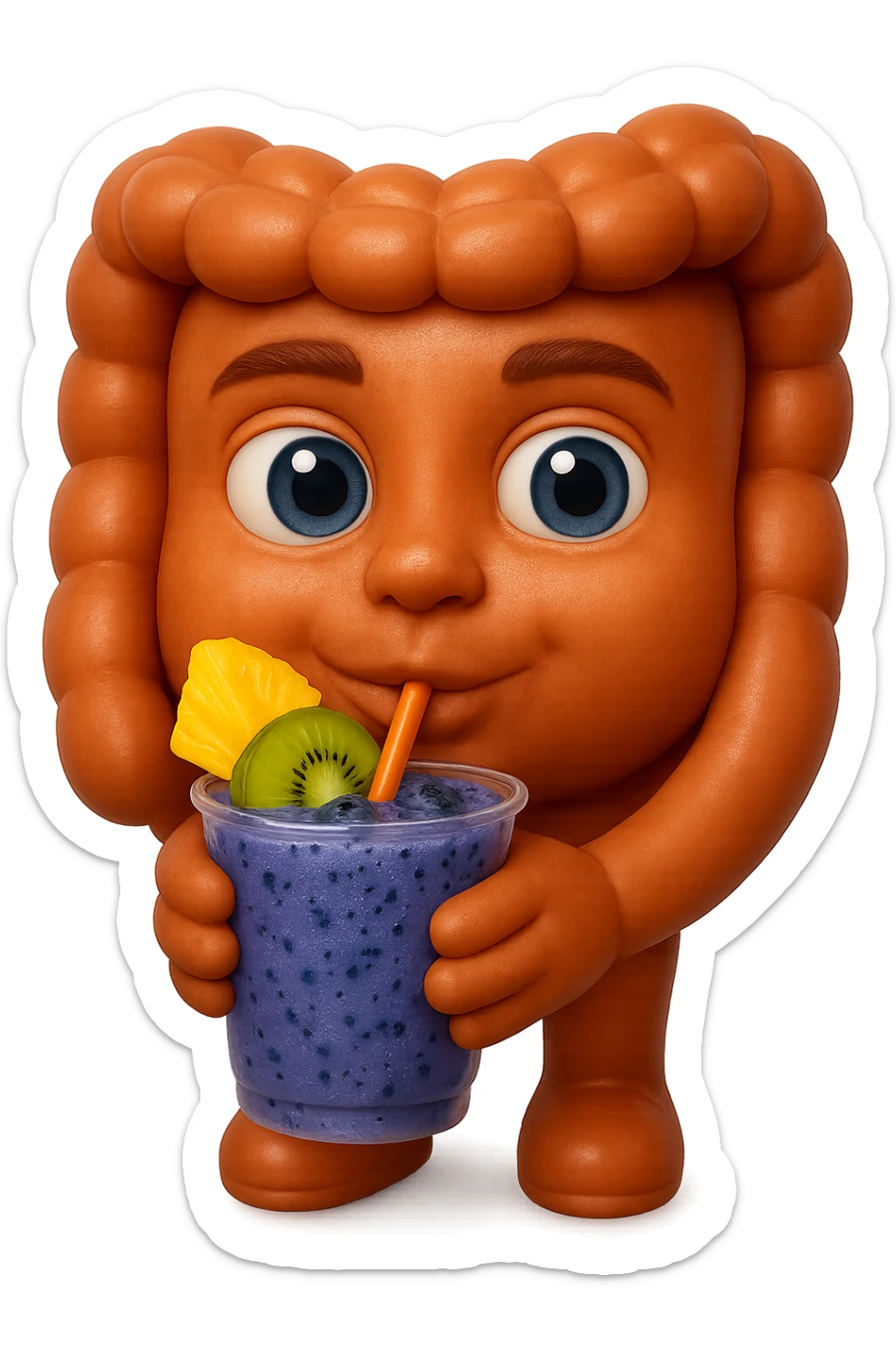 EMOJI STILE IPHONE DI un intestino umano anatomico che beve un frullato di mirtilli, ananas, kiwi, fagli anche la parte bianca degli occhi, non solo le pupille, REALISTICo 4K sticker