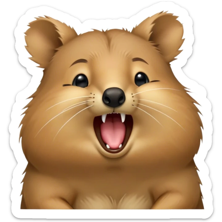 Cinematic Cute Yawning Quokka Portrait Emoji, Head tilted slightly with a dramatic, wide-open yawn, showcasing a soft, downy brown fur with a slightly droopy expression and eyes barely open in drowsy contentment, Simplified yet irresistibly adorable features, highly detailed, glowing with a soft, cozy glow, high shine, relaxed yet expressive, stylized with a touch of playful charm, bright and endearing, soft glowing outline, capturing the essence of a sleepy yet affectionate quokka, so drowsy it feels like it could stretch out of the screen and curl up for a nap! sticker
