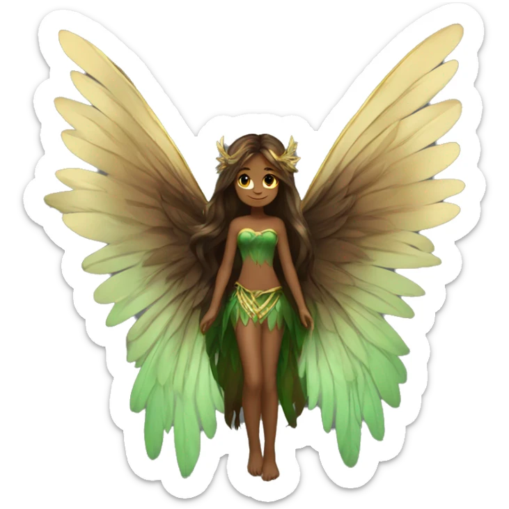big wings, Beautiful, fairy, gold, brown, dark green, green, long hair sticker
