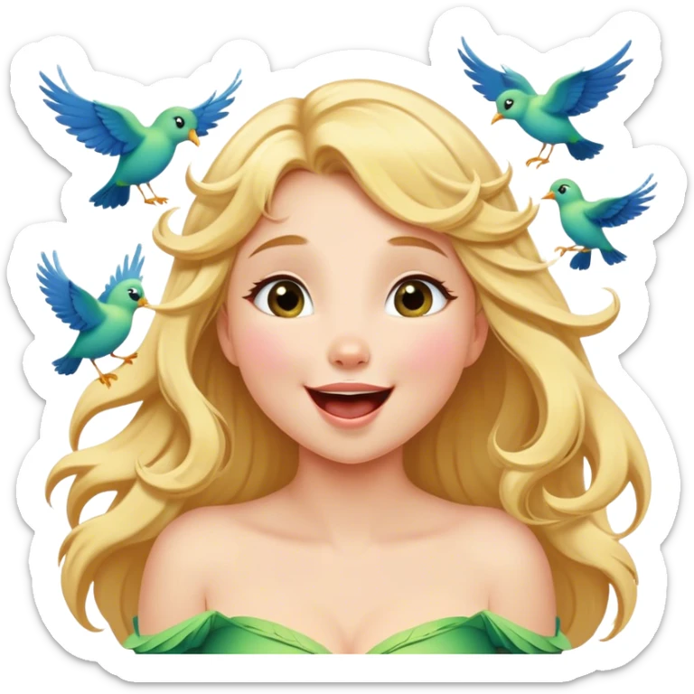 Cinematic Adorable Aurora Portrait Emoji, Giggling in surprise as birds land on her shoulders, cheeks flushed, golden locks bouncing, an irresistible mix of playfulness and beauty! sticker