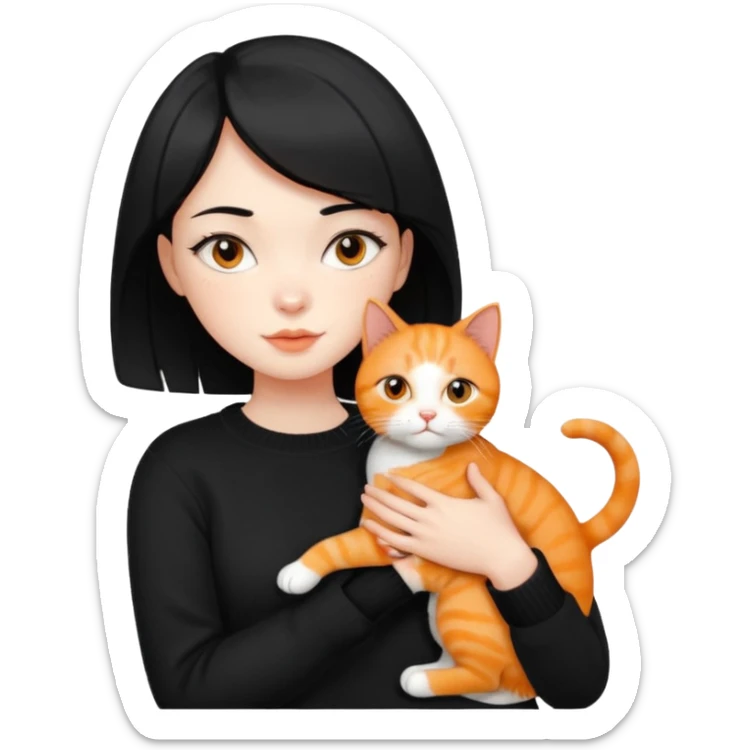 A beautiful girl with short black hair in a black sweater holds a orange cat in her arms sticker