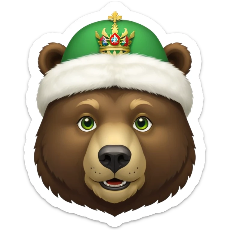 Dark brown grizzly bear face with green eyes, wearing a white fur hat with golden Russian coat of arms in the middle sticker