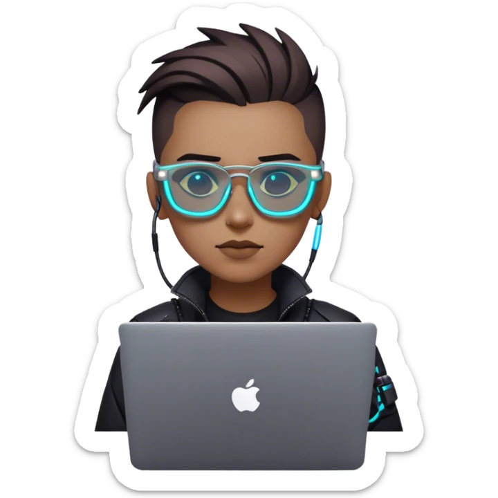 An emoji of a person with a laptop, but wearing cyberpunk glasses and with a slight neon glow sticker