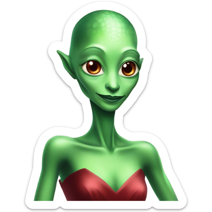 reptilian green alien woman, in long slim pastel red formal party satin dress with gradient shiny sparkling dark red sticker