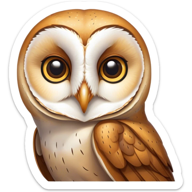 Cinematic Noble Barn Owl Portrait Emoji, Poised and regal, with a slender, graceful build and a striking mottled plumage of whites and browns, deep-set soulful amber eyes, Simplified yet sharp and sophisticated features, highly detailed, glowing with a soft, dignified glow, high shine, intelligent and mysterious, stylized with an air of nocturnal wisdom, focused and attentive, soft glowing outline, capturing the essence of a watchful and confident fowl, so majestic it feels as though it could silently glide out of the screen with effortless authority! sticker