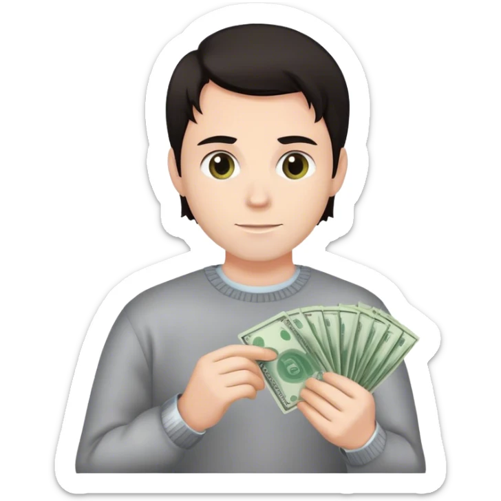 male white realtor hang money in hand, cruel, dark hairsweater,computer in hand,white skin, an avatar image gonna be round  sticker