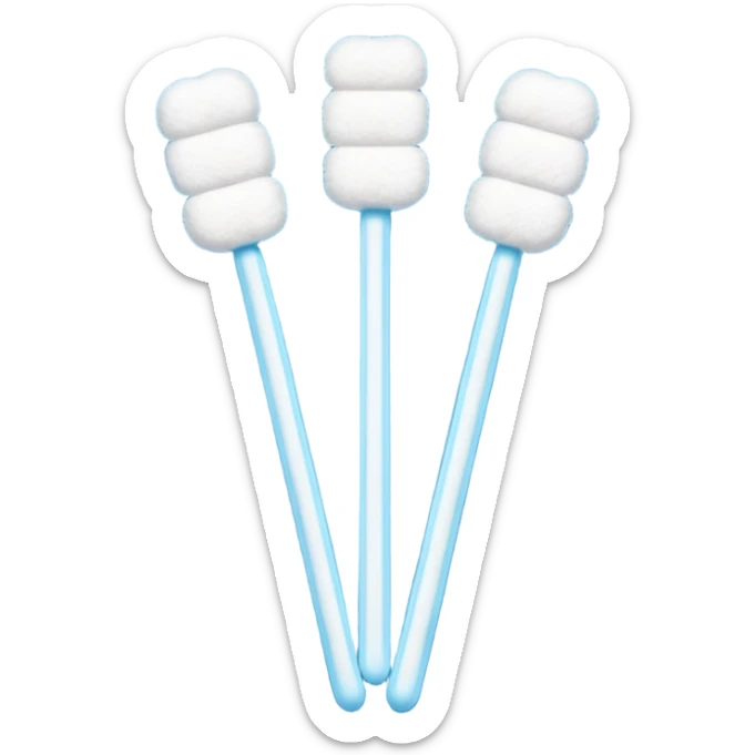 cotton swabs with clean white cotton tips on each end of a slim stick, stick white pastel or light blue, cotton tips soft fluffy slightly rounded, arranged in slight cross or parallel, clean minimal 3D look, soft lighting, no extra elements, no faces, emoji scale sticker