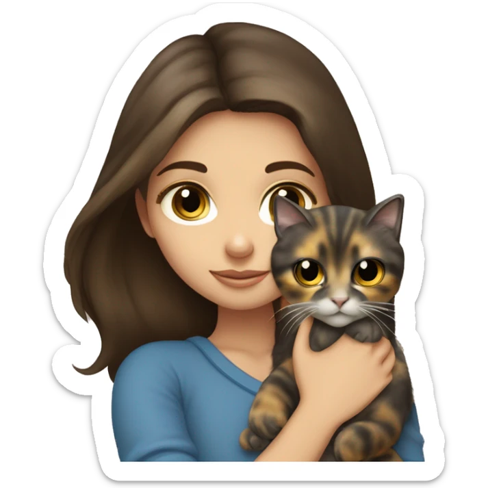 “blue-eyed brunette girl” holds “gray yellow-eyed tortoiseshell cat” in her arms sticker