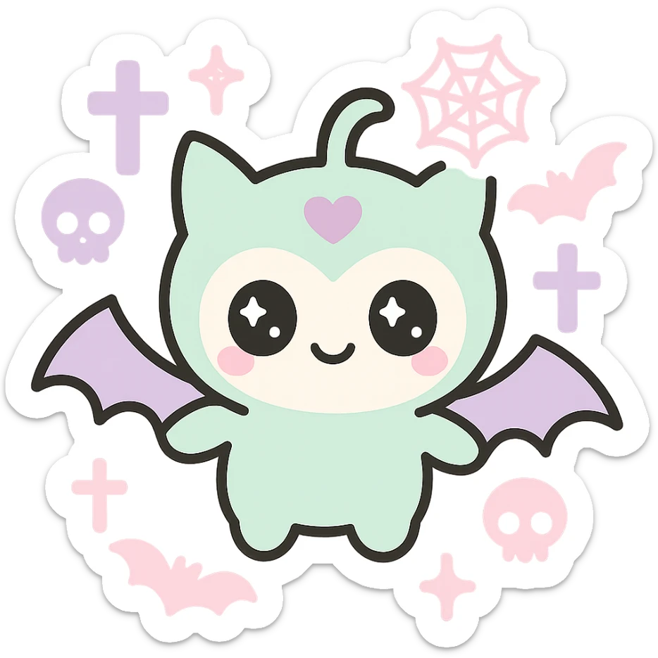 Add more gothic symbols such as crosses, spiderwebs, bats, and skulls to the pink and black kawaii phone case. Keep big eyes, bat wings, smiling, cartoonish, playful, with no background. sticker