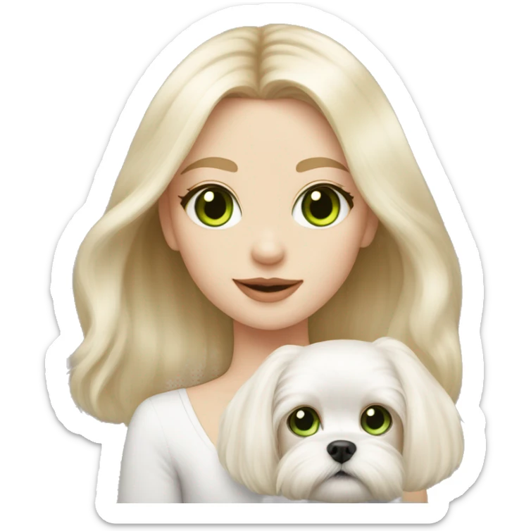 Blonde girl, pale skin, green eyes with long fur Maltese puppy sticker