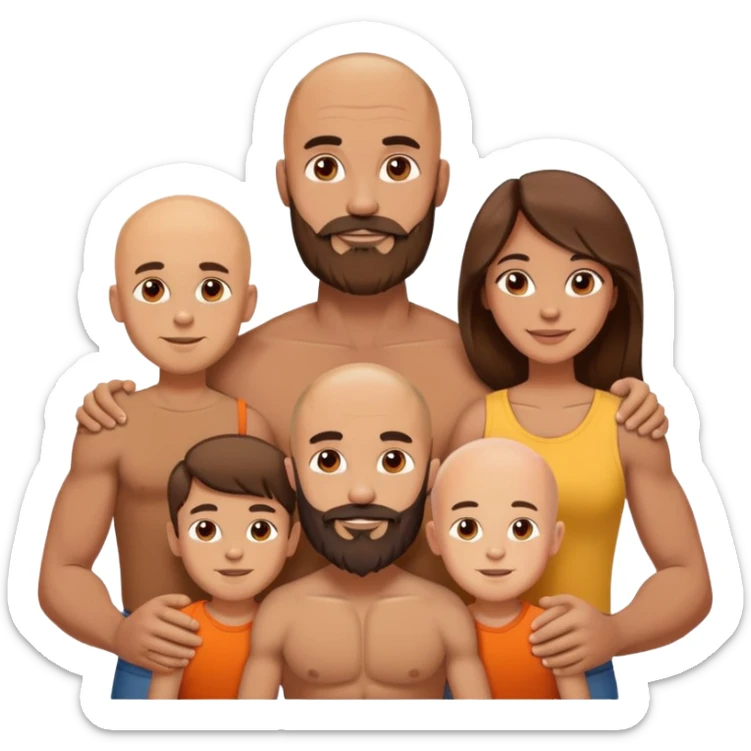 Happy Muscular Bald beard man and his hot wife with long brown hair and 3 sons sticker