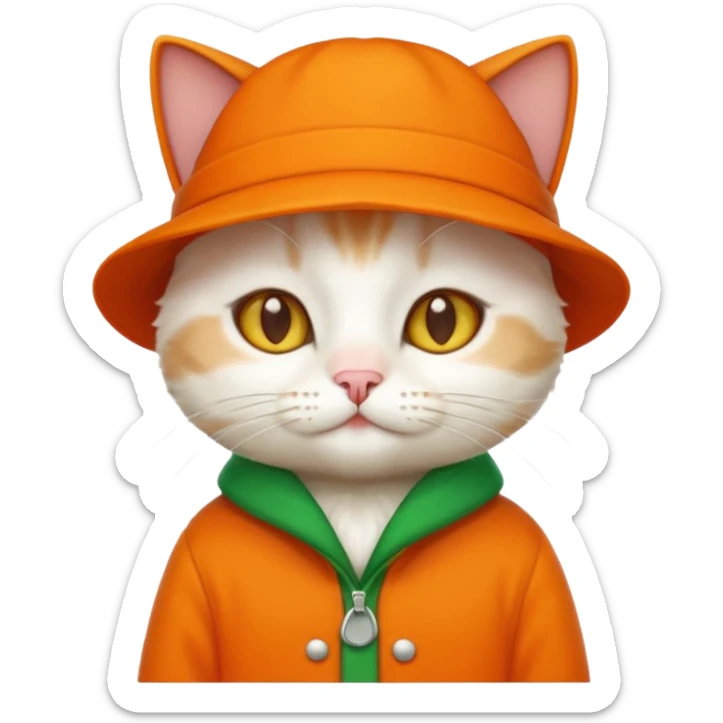 white cat with orange coat and green hat that says 'I'm cat', emoji style variation 2 sticker
