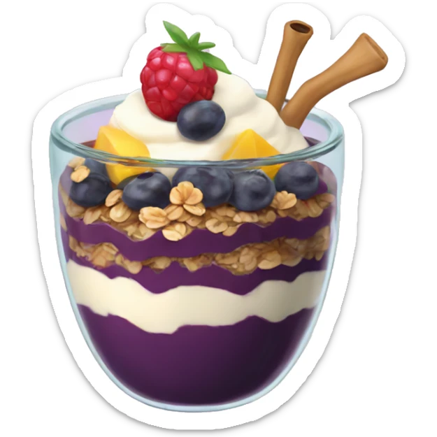 Açaí in a clear cup with layers of fruits and granola and condensed milk sticker