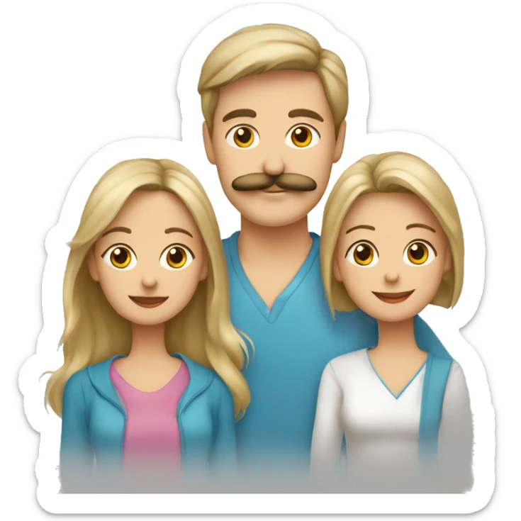 Familia de 3 personas madre rubia, hombre adolescente con bigote, mujer adolescente y un perro yorkshire sticker
