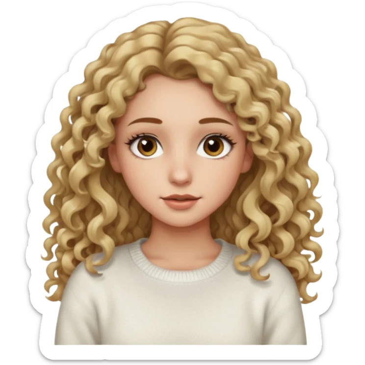 a dirty blonde girl with brown eyes and make her wearing a white sweater and  with really long curly hair and white skin color, long hair and really big lashes sticker