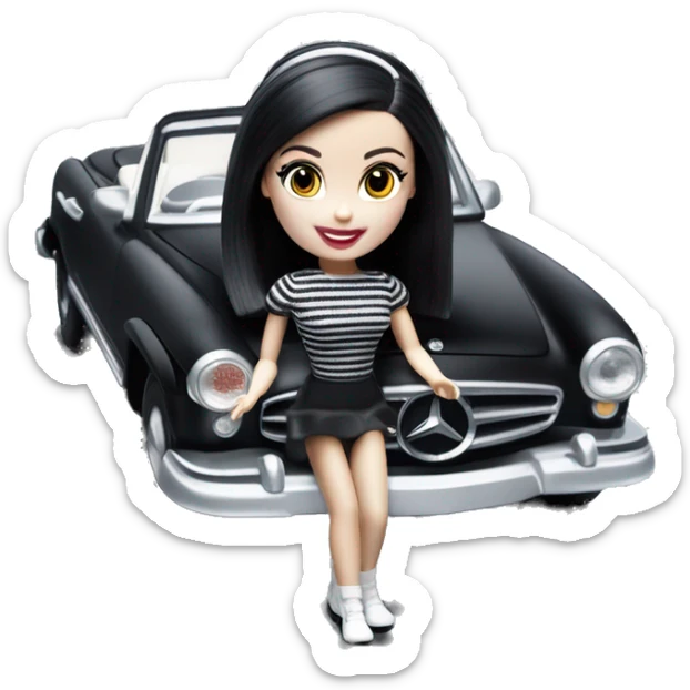 Beach Beauty Barbie, 1965 Wednesday Addams from academy, in dark-gray and black striped outfit with hat. Smiling Driving Mercedes convertible sports car. Pale-white porcelain skin.  sticker