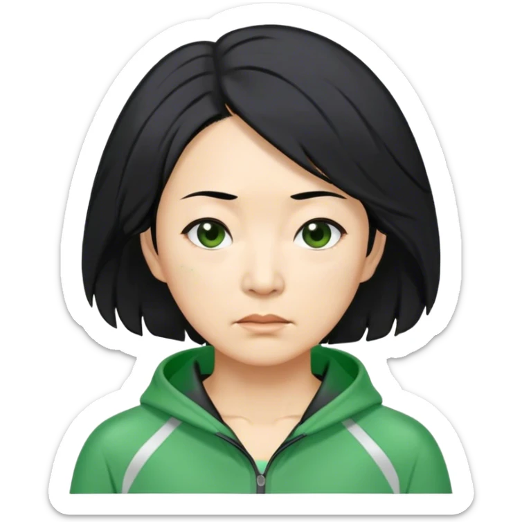 Hong is a middle-aged woman, around 40 years old, green tracksuit.  His black hair, is unkempt and damp with sweat. sticker
