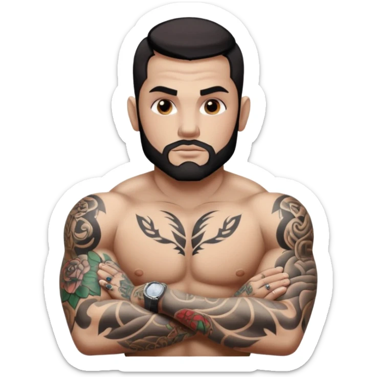tattoo man, white skintone, more highlight the tattoo, body builder, heavy tattoos on fully chest, more tattoos on the body, more visible tattoo, big tattoos, tattoos on face. sticker
