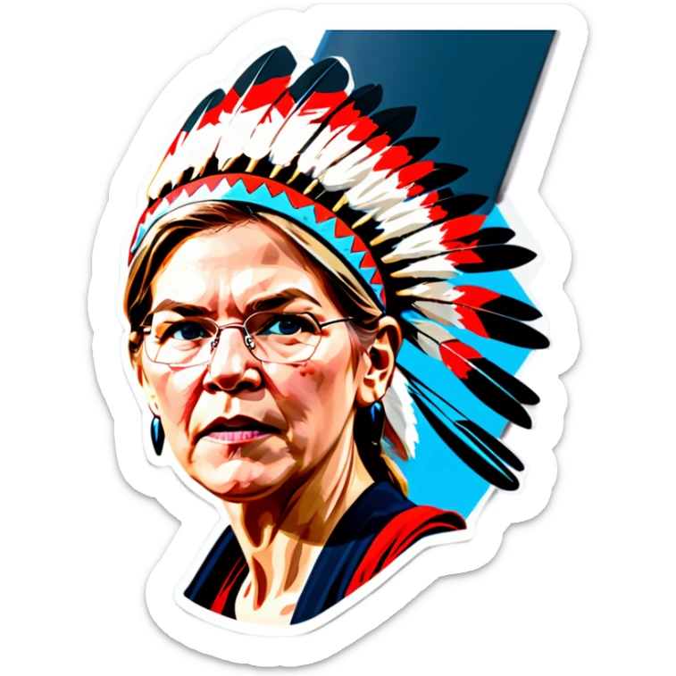 Make a picture of Senator Elizabeth Warren with a traditional Native American headdress make it less cartoonish without the braids make it more realistic accentuate her wrinkles and more realistic make her hair blonder and get rid of the headdress besides  sticker