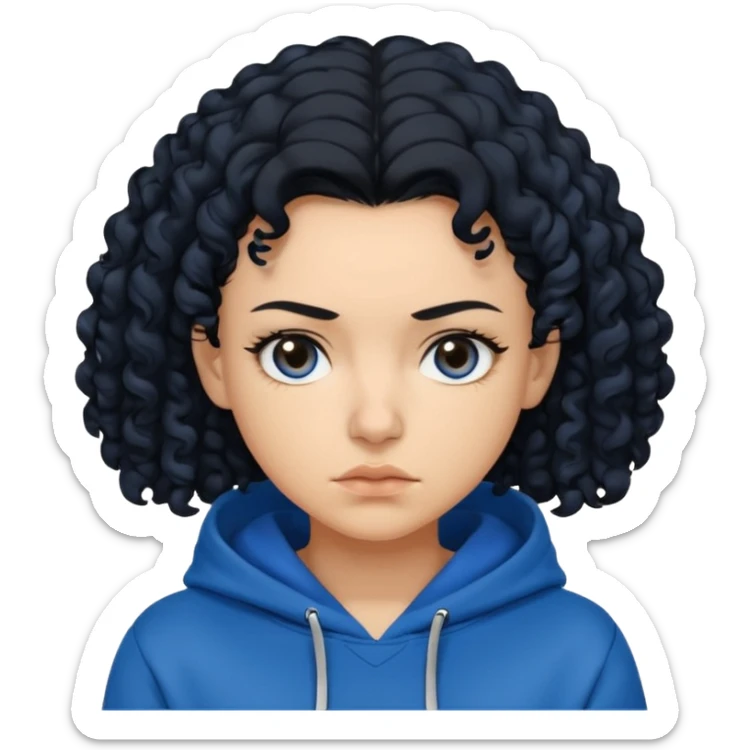 A woman with curly black hair, wearing a blue-black hoodie, and a slightly serious expression on her face. sticker