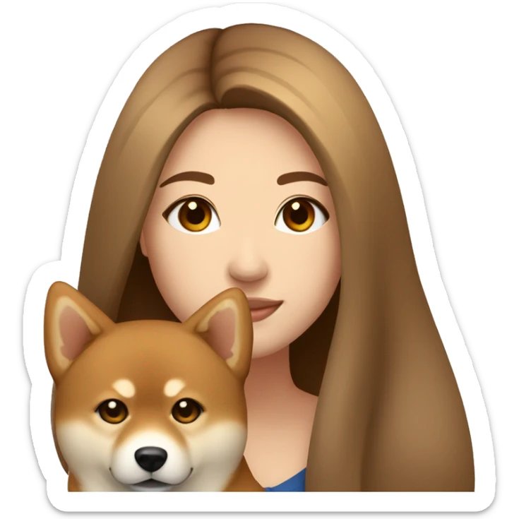 beautiful woman, straight long light brown hair, brown eyes smiling with dog Shiba Inu sticker