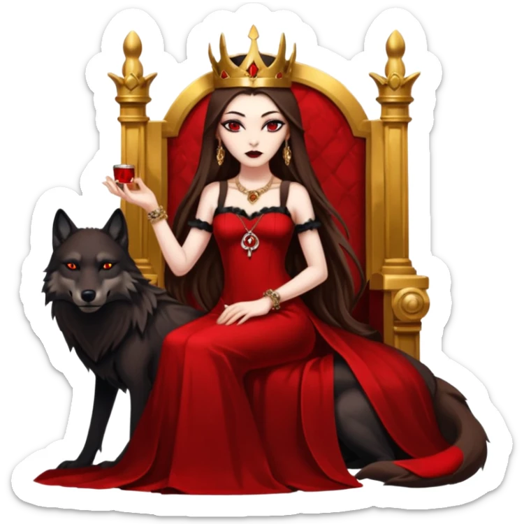 Lilith symbol seductress evil brown straight long hair haired, sexy succubus woman with red and black Chanel dress sitting on a Black and gold throne. A large black wolf laying beside he sticker