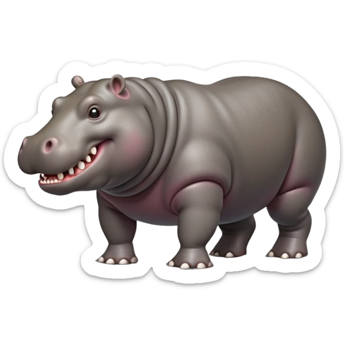 cinematic-hippo-realistic-full-body side view-standing on all fours-emoji,-massive-round-frame,-wide-mouthed-grin-exposing-huge-teeth,-head-tilted-dramatically,-thick-greyish-brown-hide-glossy-from-water,-simplified-yet-realistic-focused-features,-highly-detailed,-glowing-with-an-almost-sarcastic-glow sticker