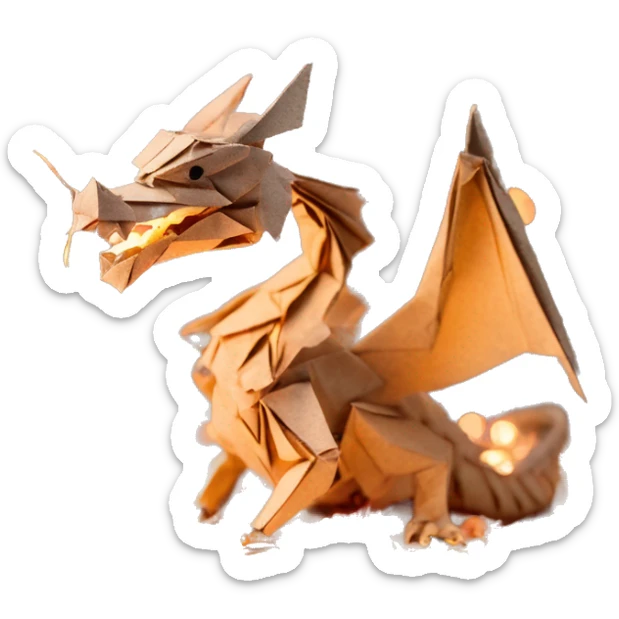Beige Origami dragon made of newspapers on fire letters on fire burnt paper surrounded by fairy lights swirls covered in dried flowers bokeh floral flowers fire flames sticker