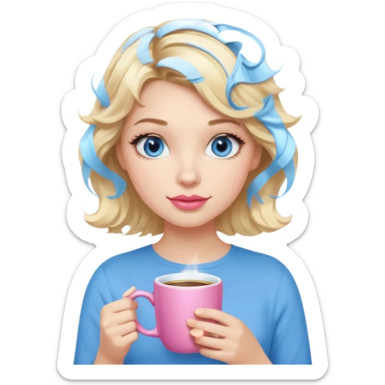 Girl Blonde short wavy hair,  blue eyes, cute blue top, long lashes, pink lips, holding coffee mug sticker