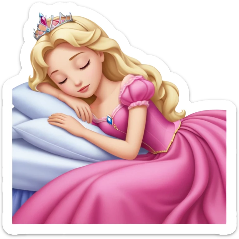 ultra simplified Aurora Sleeping Beauty, pink dress, blonde hair, very minimal details, slightly zoomed out to show more of dress sticker