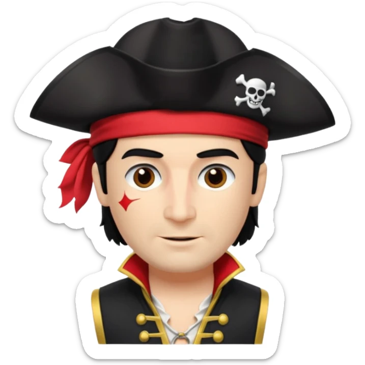Captain Feathersword of The Wiggles with light skin, brown eyes, black hair, black pirate hat, white pirate shirt with red vest, one eye patch sticker