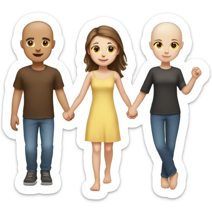 Two girls and one guy holding hands, both girls white skin, one girl brown hair, other girl no hair sticker