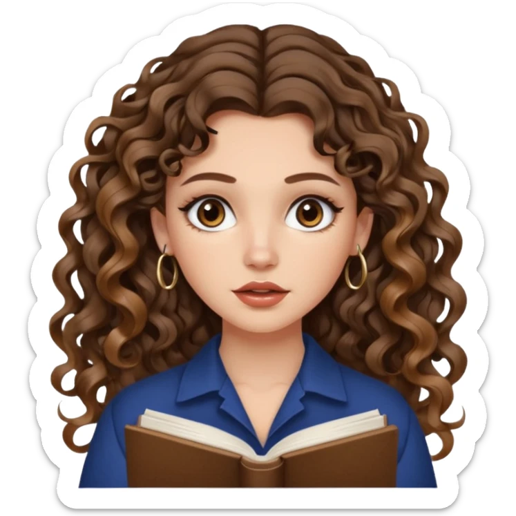 cute girl with not volominous VERY LONG curly/wavy brunette hair with balayage, brown eyes, full lips, natural clean girl makeup and hoop earrings white girl: super desperate studying sticker