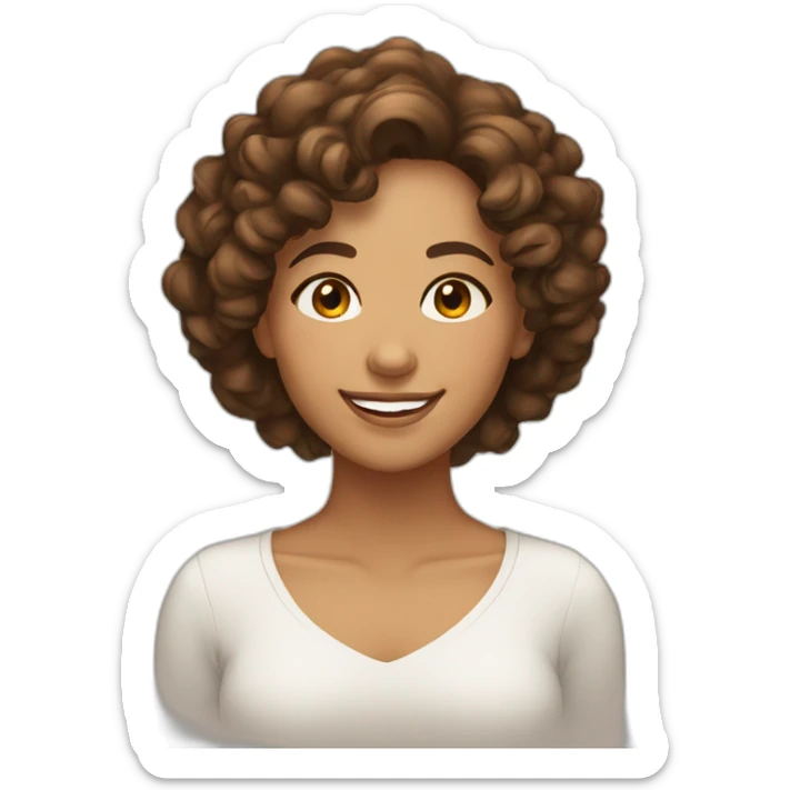 woman face, brown 2c curly medium length hair, light brown eyes, olive skin, smiling sticker