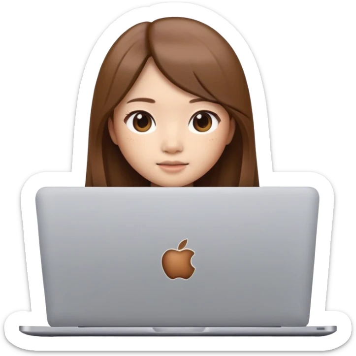 memoji of a chinese girl with brown long straight hair with a laptop, apple style memoji style sticker