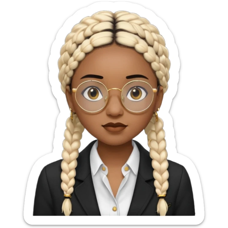 a young woman wearing fine gold round glasses and black hair in braids, she has light black skin, she's wearing cool professional clothes sticker