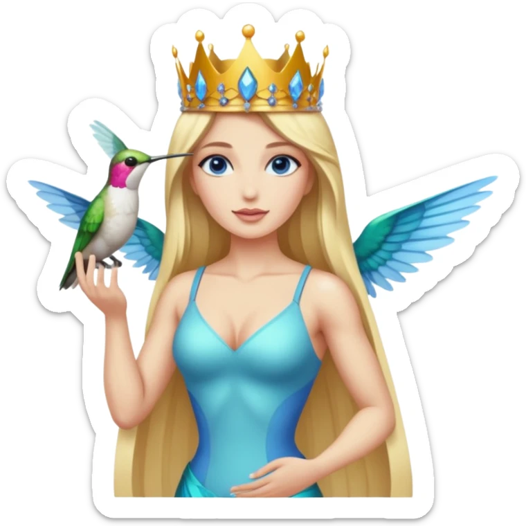 full body woman long blonde hair blue eyes white skin muscular build hummingbird crown and nectar flask sticker