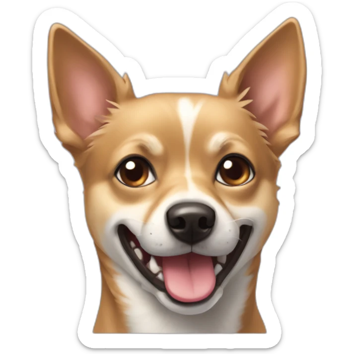 mutt dog that is mostly like a small german shephard but with larger chihuahua eyes and a large overbite with her left canine tooth a bit crooked and sticking of her mouth sticker